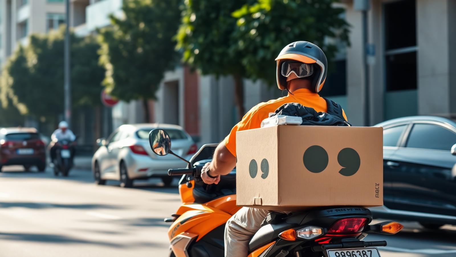 Entregador Karzi em moto levando uma caixa de autopeças